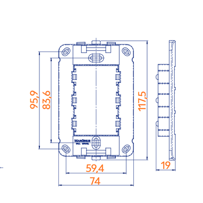 Conjunto Placa Com Suporte 4x2 P/ 3 Módulos Separados - Linha B3 - Margirius