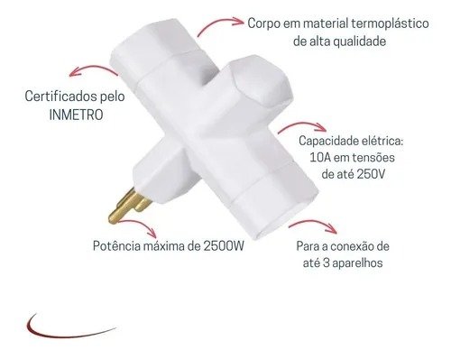 Pino Adaptador 3 Saídas Tipo "T" 2P+T 10A 250V - Branco - Margirius